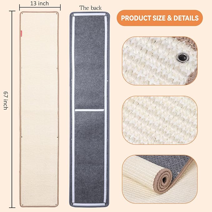 66.93x13.38x0.32 inch Thickened Cat Wall Scratcher Carpet, Cat Climbing Wall, Durable Cat Wall Furniture, Tall Cat Scratching Post, Wall Scratchers for Indoor Cats Sofa Protector (Beige-Velcro Strap)