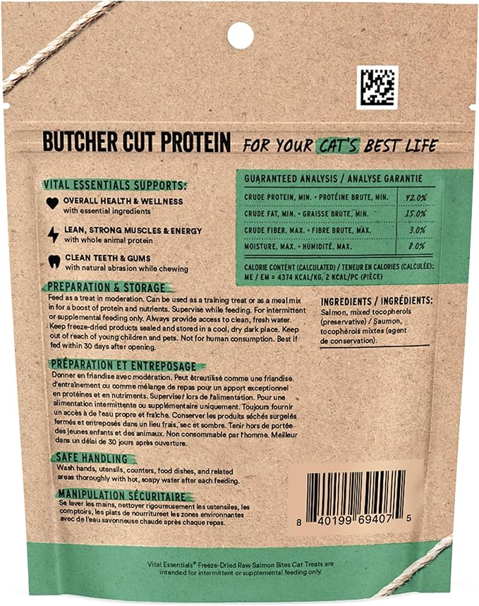 Vital Essentials Salmon Bites Cat Treats, 1.1 oz | Freeze-Dried Raw | Single Protein | Grain Free, Gluten Free, Filler Free