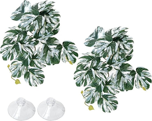 VCEPJH Reptile Plants with Suction Cup Amphibian Habitat Decor 2 Pcs Artificial Leaves for Terrarium Decor Crested Gecko Tank Accessories for Bearded Dragon, Lizard, Snake (White and Green Monstera)