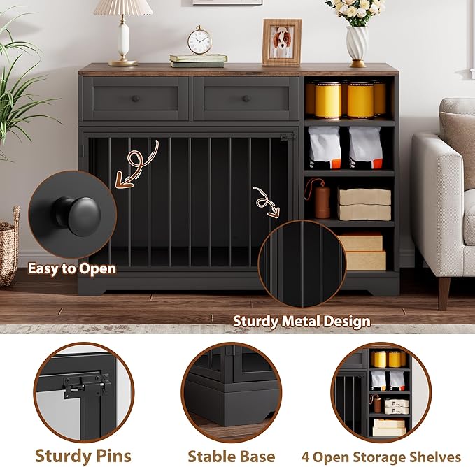 Dog Crate Furniture 47?? Large Dog Crate TV Stand with 2 Drawers and 4 Shelves, Wooden Dog Kennel Indoor, Decorative Dog Cage with Storage for Large Dogs, Black