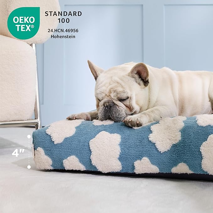 LE SURE Cute Dog Bed Large Sized Dogs-Thick Shredded Chopped Foam Pet Bed Indoor with Removable Washable Cover, Modern Fuzzy Plush & Anti Slip Bottom, Blue