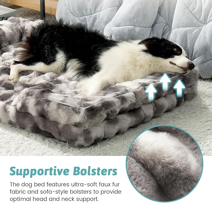 Faux Fur Orthopedic Dog Bed, XL Pet Couch for Extra Large Dog, Big Supportive Foam Bolster Sofa with Waterproof Lining Cover, Anti-Slip, Soft, Warm, C-Shaped, 48x35x8 inch, Tie-dye Grey