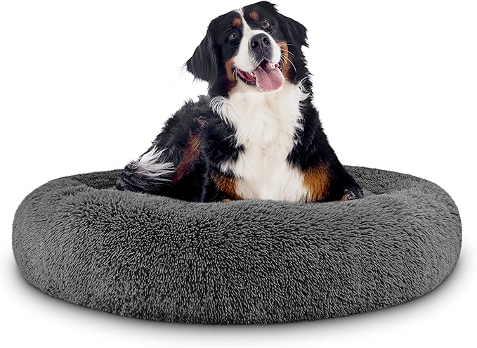 The Dog’s Bed Sound Sleep Donut Dog Bed, XL Steel Grey Fur Calming Nest Bed Removable Cover