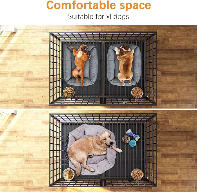 Dosker 42 inch Heavy Duty Metal Dog Crate Cage with Divider for 2 Dogs/Large Dog,All Metal Open Top Escape Proof Cage,Dog Kennel Indoor with Wheels,Floor Grid,Tray,Feeding Bowl