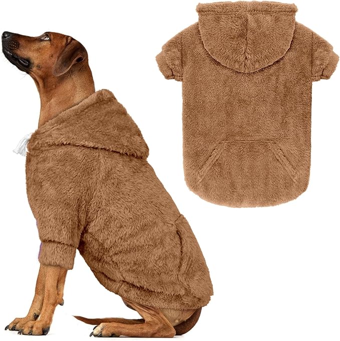 4XL Dog Sweaters for Large Dogs,Dog Hoodie,Warm Fuzzy Fleece Sweatshirt with Hood & Pocket,Leash Hole,Cozy Cold Weather Pet Clothes Sweater Hoodie for Large Dogs(Coffee,4XL)