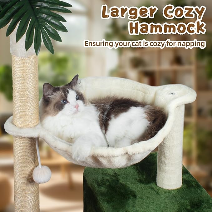 Cat Tree 38" Cat Tower with Large Hammock Metal, Cat Scratching Post for Indoor Cats with Condo, Cat Playground Track Balls and Bouncy Ball, Green and White