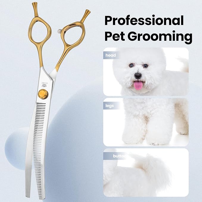 Curved Thinning Shears Professional Dog Curved 7.5 in Thinning Scissors Ergonomic Handle Design for thinning shears dogs Medium & Large Face and Paws