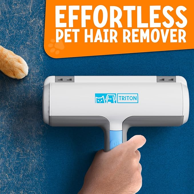 Triton Pet Hair Removal Tool w/Fur Trapping Compartment and Detachable Handle, 60% Smaller Storage Size, Reusable Shedding Roller, Cat and Dog Hair Remover for Car, Furniture, Carpet (Gray/White)