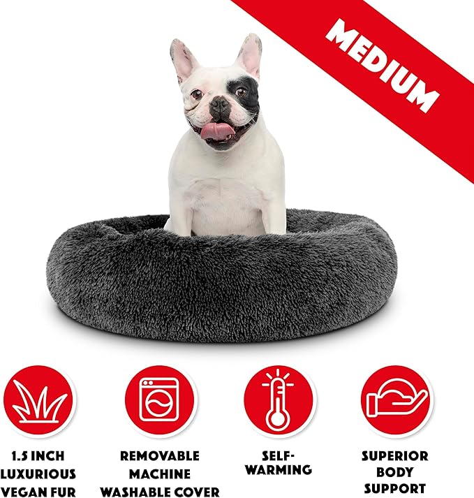 The Dog’s Bed Sound Sleep Donut Dog Bed, Med Steel Grey Fur Calming Nest Bed