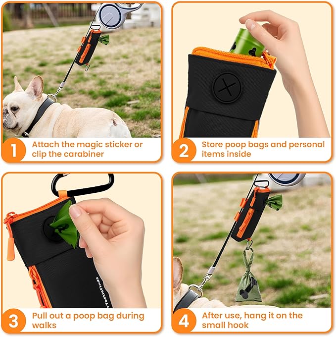 Dog Poop Bag Holder for Leash with 2 Waterproof Storage Pouches, Carabiner Clip, Zipper Soft Dog Pouch for Pet Waste Bags, Dog Walking, Training, Travel (Black)