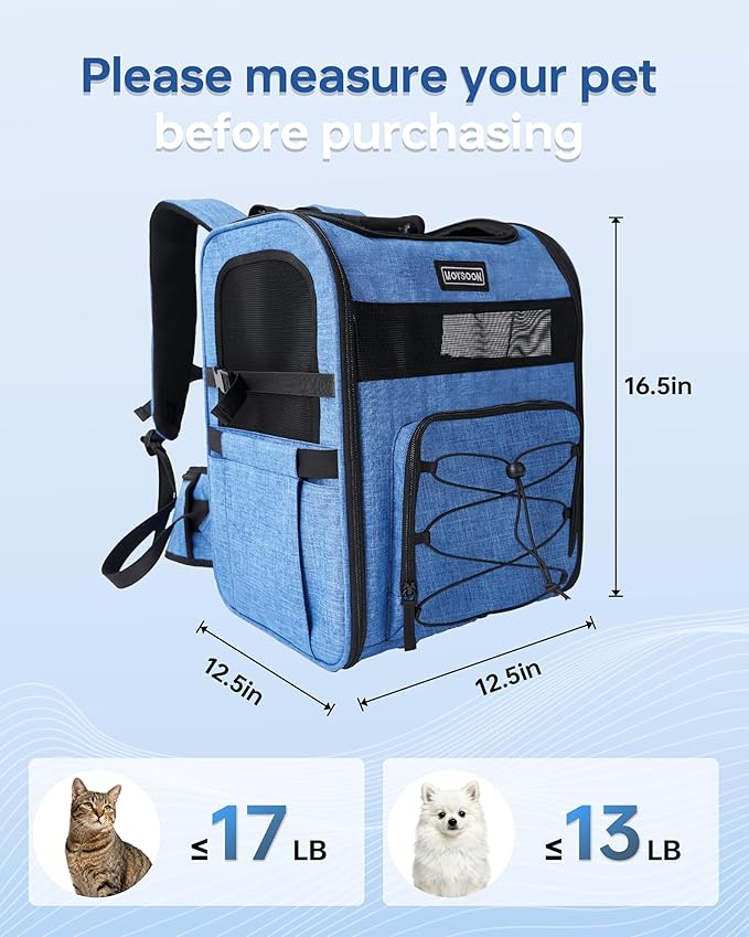 Hiking Dog Carrier Backpack, Adjustable Waist Cushioning Belt with Breathable Padded Back Support, Dog Carrier for Hiking with 5 Pockets, Dog Carrier Backpack for Small Dogs Max 13LB Blue