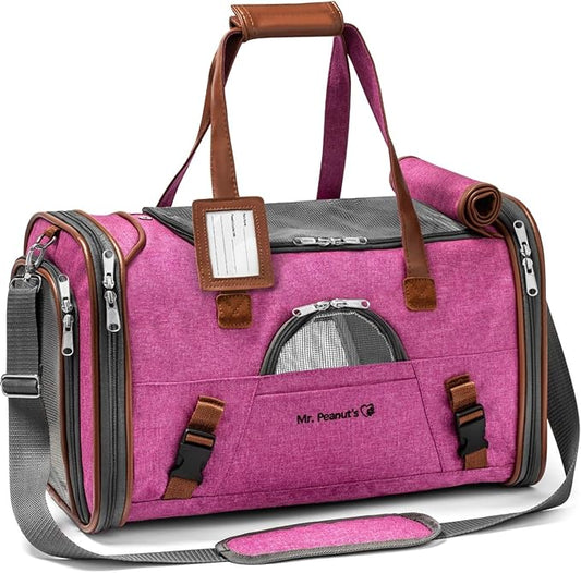 Mr. Peanut's Airline Approved Soft Sided Pet Carrier, Low Profile Gold Series Tote, Premium Brand Self Locking Zippers, Under Seat Compatibility, Plush Faux Fleece Bedding with a Sturdy Plywood Base