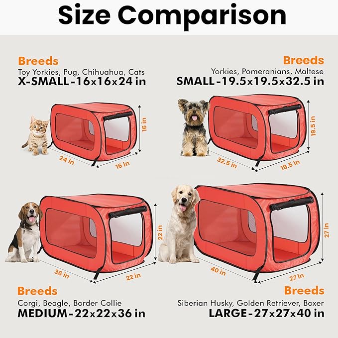 Beatrice Home Fashions Portable, Collapsible, Pop Up Kennel Travel Cat and Dog Crate, 36" L x 22" W x 22" H, Red