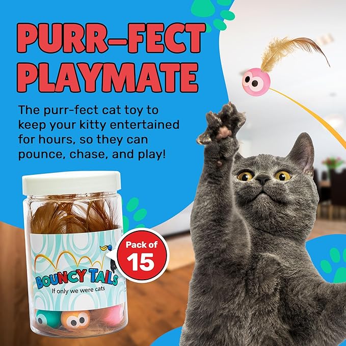 Bouncy Tails 15-Pack Cat Ball Toy with Natural Feathers, Interactive Cat Toys for Bored Indoor Adult Cats, Feather Cat Toy for Indoor Cats and Playful Kittens