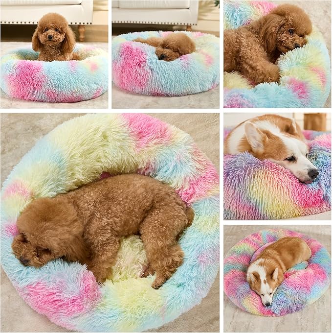 Dog Calming Beds for Small Medium Large Dogs - Round Donut Washable Puppy Dog Bed, Anti-Slip Faux Fur Fluffy Donut Cuddle Anxiety Cat Pet Bed(36'' Color)