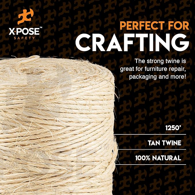 Sisal Twine - 1 Ply 1250 Ft Thin Natural Fiber Rope on Spool - Cat Scratching Post, Rope for Cat Scratcher, Cat Tree Replacement Parts, Pet Toy - Decorative Cordage for Crafts, Pole Wrap 2 Pack