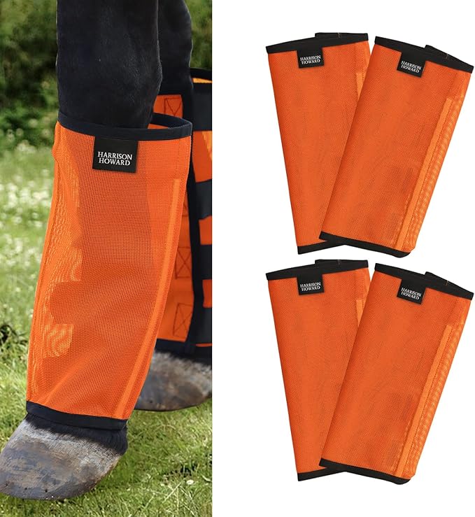 Harrison Howard Loose Fitting Fly Boots UV-Protective Extra Tough Mesh Ventilated Four Fasteners Stay-on Design Protect Horse Legs & Stomp-Reducing Set of 4 Orange Large