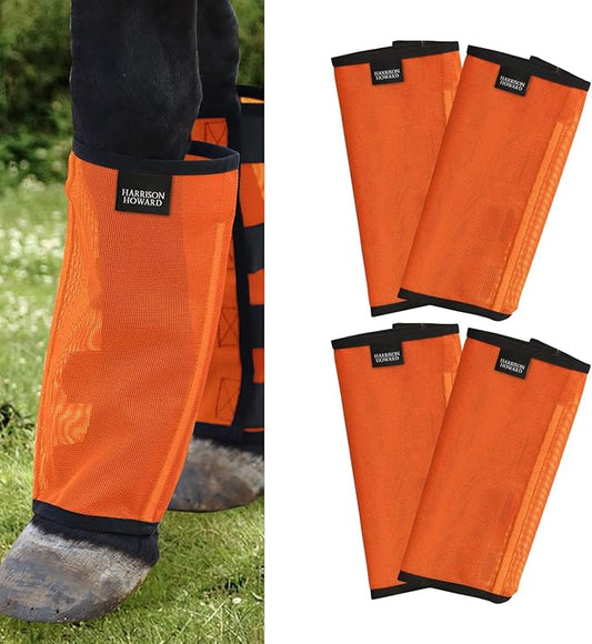 Harrison Howard Loose Fitting Fly Boots UV-Protective Extra Tough Mesh Ventilated Four Fasteners Stay-on Design Protect Horse Legs & Stomp-Reducing Set of 4 Orange Pony