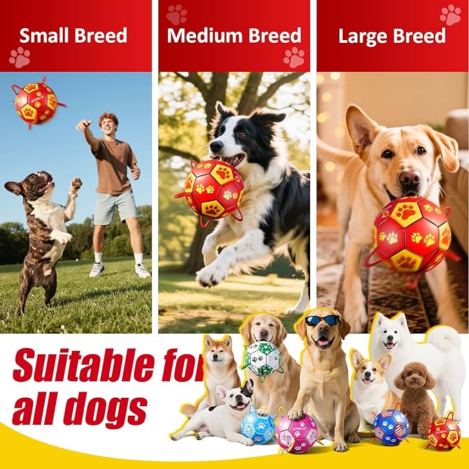 Size 3 Interactive Dog Soccer Ball with Strap, Red & Yellow, Eye-Catching Paw Prints Design, Ideal Outdoor Training Pet Toy, Perfect Choice for Medium & Large Dogs' Playtime
