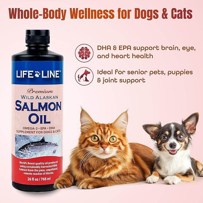 Life Line Wild Alaskan Salmon Oil Omega-3 Supplement for Dogs and Cats | DHA & EPA for Healthy Skin, Coat, Brain & Heart – 26 oz