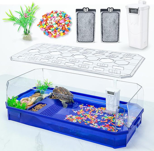 Turtle cage Tortoise Terrarium with Pump＆Filter with Shower Function Easy to Change Water and Clean Water for Turtle Horned Frog Hermit Crab Blue, XL