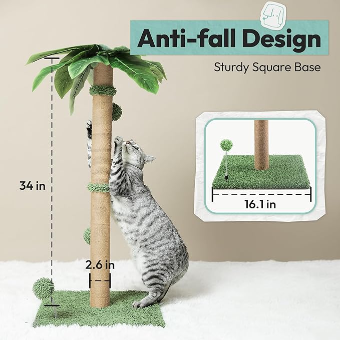 Cat Scratching Post, 34'' Tall Cat Scratchers for Indoor Cats with Hanging Balls, Tall Cute Sisal Kitten Scratch Post with Reinforced Stable Base, Green, Medium