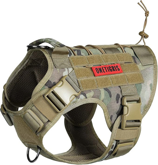 Tactical Dog Harness Vest with Handle, Military Dog Harness for Large Medium Dogs,No-Pull Service Dog Vest with Hook & Loop Panels,Adjustable Dog Vest Harness for Walking Hiking Training（Camo,M）