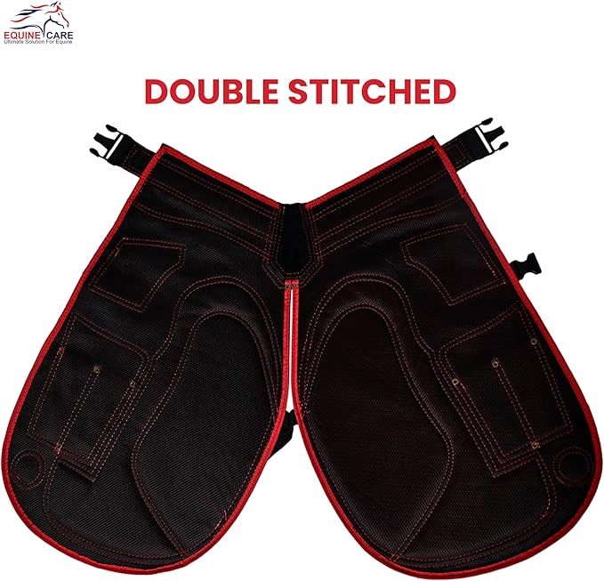 Equine Care Farrier Apron Chaps 2mm Cowhide Leather, 500 GSM Canvas, Air-Mesh, 29" Length, Adjustable Waist (28"-52"), Ergonomic Foam-Padded Thigh & Back Support, 4 Knife Pockets, 2 Nail Magnets.