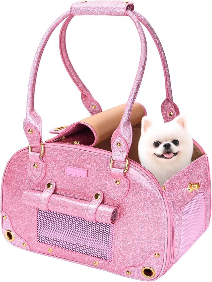 PetsHome Dog Carrier Purse, Pet Carrier, Cat Carrier, Bling Waterproof Premium Leather Pet Travel Portable Bag Carrier for Cat and Small Dog Home & Outdoor Small Bling Pink