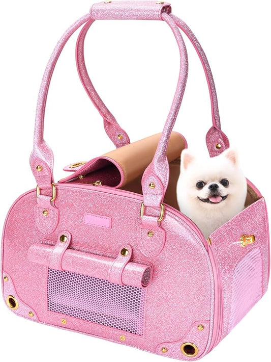 PetsHome Dog Carrier Purse, Pet Carrier, Cat Carrier, Bling Waterproof Premium Leather Pet Travel Portable Bag Carrier for Cat and Small Dog Home & Outdoor Small Bling Pink