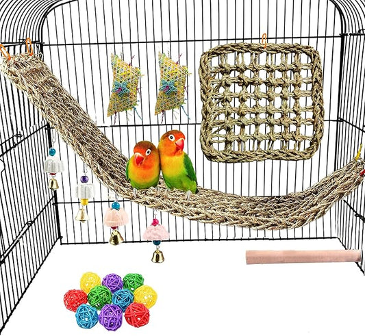 Bird Foraging Wall Toys Parrot Seagrass Mat Activity Climbing Net ladder 29.5''X7.1''&11.8''x11.8'' Hanging Hammock Cage Chew Toys with Ball Toys for Parakeet Cockatiel Conure Cockatoo Budgie Lovebird