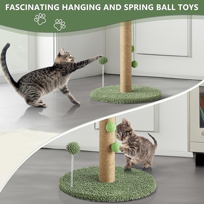 KIGOTY Cat Scratching Post Cat Scratcher, 33 inch Tall Scratching Post with Sisal Rope,Cute Cat Tree with Hanging Interactive Ball, Spring Ball Toys