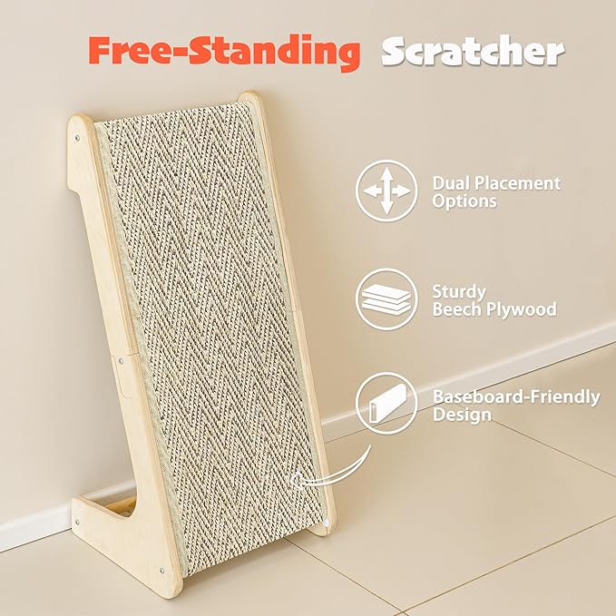 PETKARAY L Shape Cat Scratcher, Sisal Kitty Scratching Ramp, Vertical Scratch Pad for Indoor Cats, 25.4" Furniture Protector with Catnip, Chevron