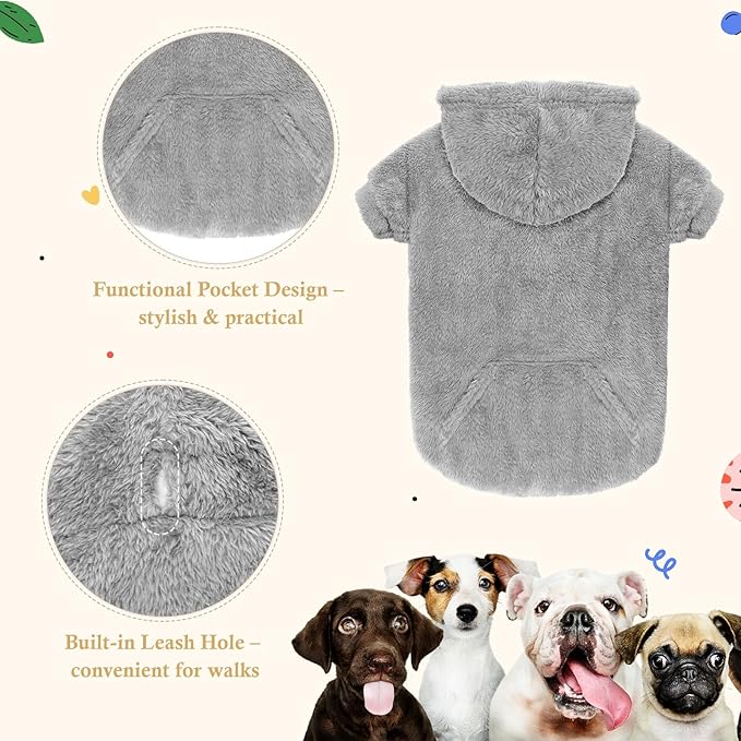 Dog Sweaters,Dog Hoodie,Warm Fuzzy Fleece Sweatshirt with Hood & Pocket,Leash Hole,Cozy Cold Weather Pet Clothes Pet Sweater for Small,Medium,and Large Dogs(Grey,M)