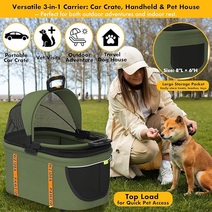 PAWZIDEA Portable Small Dog Crate for Car Travel, Enclosed Pet Car Seat for Small/Medium Dogs Cats up 33lb, Reversible No-Zip Canopy, Soft-Sided Pet Carrier Basket, Collapsible Dog Kennel, Metal Frame