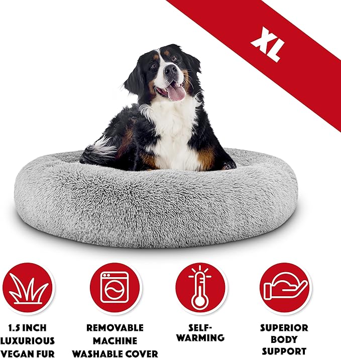 The Dog’s Bed Sound Sleep Donut Dog Bed, XL Silver Grey Fur Calming Nest Bed Removable Cover