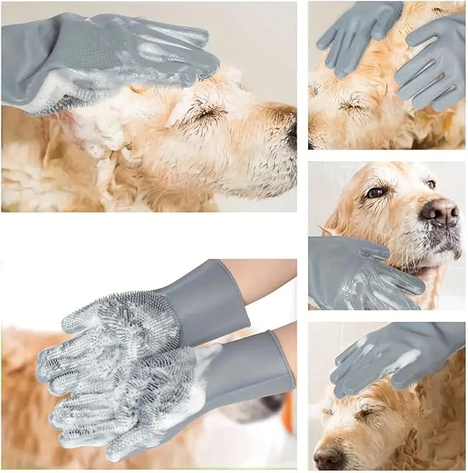 Pet Grooming Gloves，Heat-Resistant Silicone Gloves with High-Density Teeth for Enhanced Massaging and Bathing of Dogs and Cats (Gray, 1 Pair)