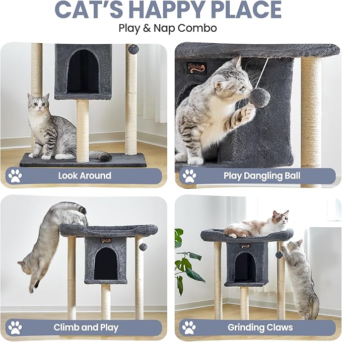 Small Cat Tree Tower for Indoor Large Cats, Cat Scratching Post with Big Perch Bed, 28in Tall Trees House with Condo Cave, Toy Balls, Modern Climbing Furniture Big Platform for Kitten (Dark Gray)