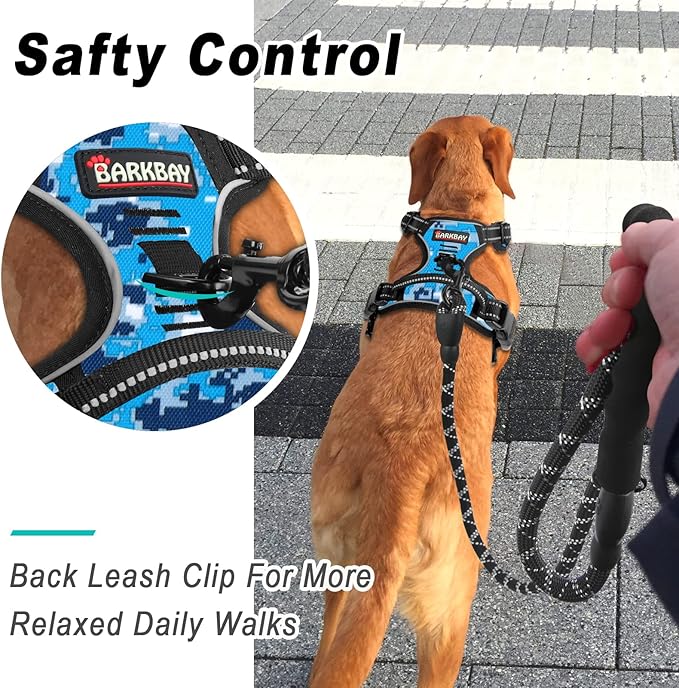 BARKBAY No Pull Dog Harness Large Step in Reflective Dog Harness with Front Clip and Easy Control Handle for Walking Training Running(Blue camo,L)