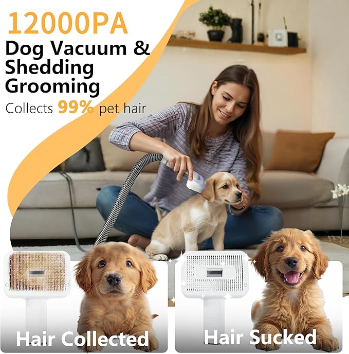 FOTING 5-in-1 Dog Grooming Vacuum, 12000Pa Dog Clippers & Shedding Brush Grooming Cleaning Tools Pet Grooming Vacuum, 2 Suction Levels Shedding Pet Hair Home Cleaning