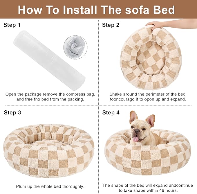 Dog Calming Beds for Small Medium Large Dogs - Round Donut Washable Puppy Dog Bed, Anti-Slip Faux Fur Fluffy Donut Cuddle Anxiety Cat Pet Bed (24" Grid)