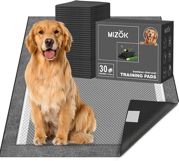 MIZOK Dog Pee Pads 28×30in Extra Large Charcoal, Puppy Pads with Adhesive Tabs, Ultra Odor-Control Absorbent Wee Wee Pads for Dogs Heavy Duty Leak-Proof Black, Disposable (30 Counts)
