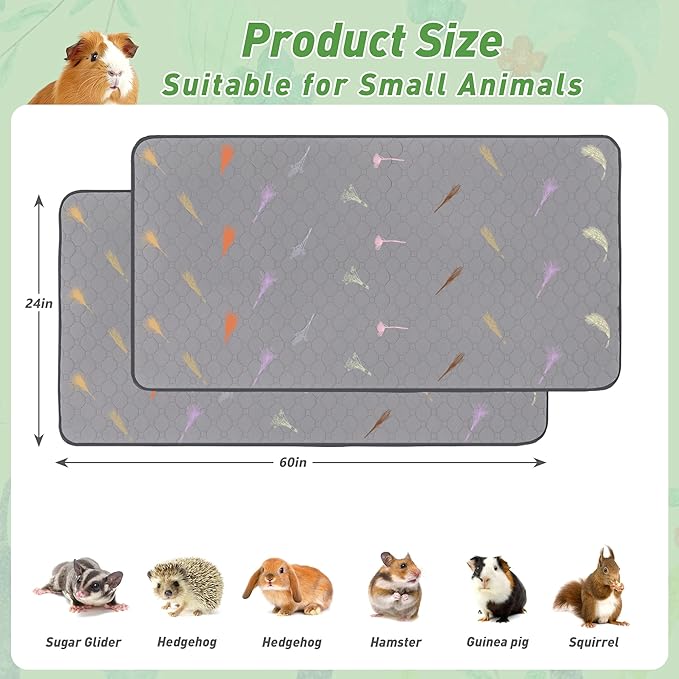 2Pcs Guinea Pig Cage Liners,Guinea Pig Fleece Cage Liners24''X60'' Super Absorbent Washable Pee Pads Reusable for Rabbit Hamster Chinchilla