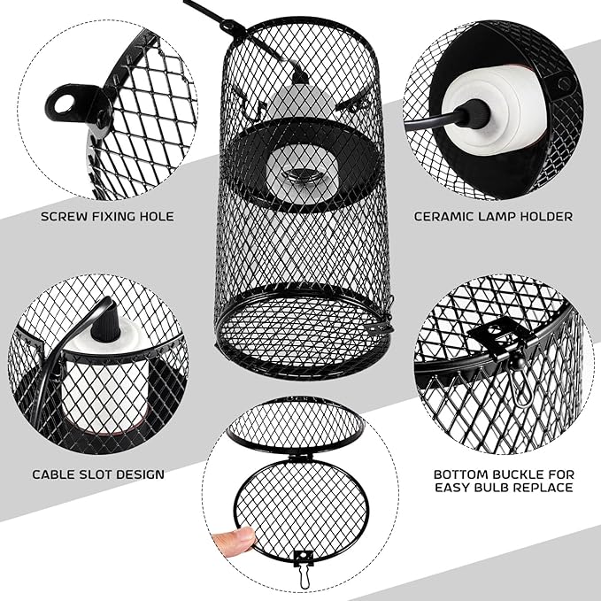 VIHOSE 6 Pcs Reptile Heat Lamp Guard with 150W Ceramic Heat Emitter Basking Anti Scald Heating Lamp Holder Mesh Cage Reptile Protection Lampshades for Lizard Snake Chick, Bulb Not Included