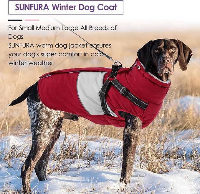 SUNFURA Small Dog Coat with Harness Built in, Warm Dog Jacket Winter with Zipper On Back, Waterproof Pet Snow Jacket Snowsuit Pet Sweater Clothes for Puppy, Burgundy XS