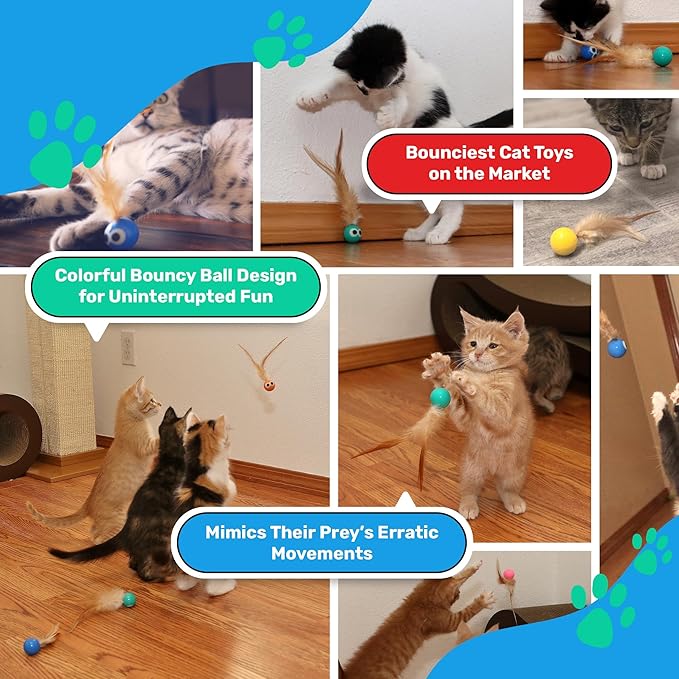 Bouncy Tails 15-Pack Cat Ball Toy with Natural Feathers, Interactive Cat Toys for Bored Indoor Adult Cats, Feather Cat Toy for Indoor Cats and Playful Kittens