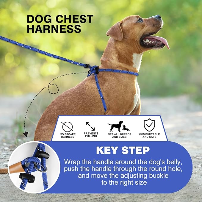 Lynxking No Pull Rope Dog Harness No Pull Reflective Leash Harness Collar 3 in 1 Dog Halter Harnesses Adjustable for Large Giant Dog (Blue, Large 1/2 inch)