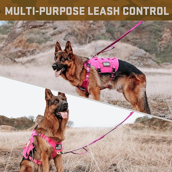 Forestpaw Pink Tactical Dog Harness for Large Dogs,Tactical Dog Collar with Bungee Leash Set,No Pull Military Dog Harness for Walking Training,Adjustable for Medium Large Dogs,Chest 21.5-45"