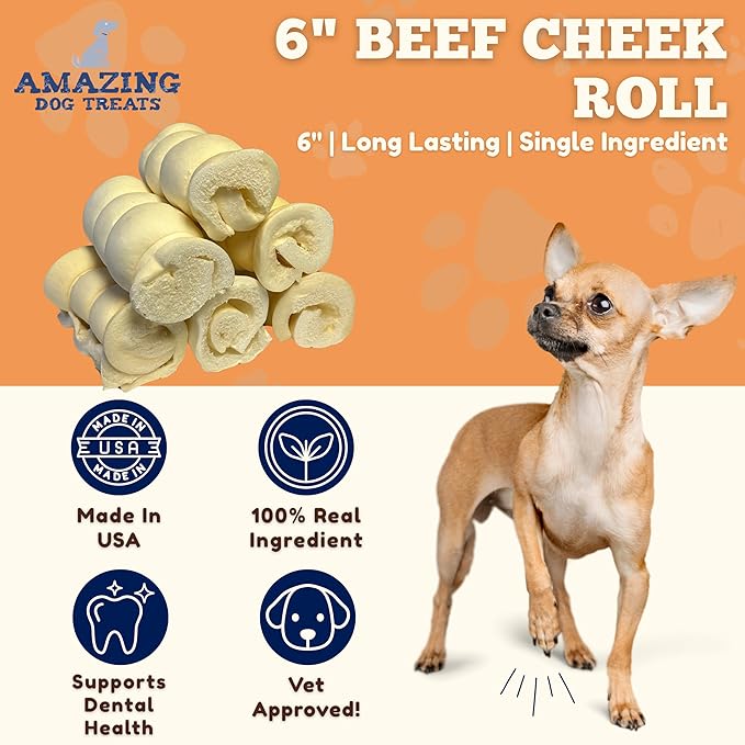 Amazing Dog Treats - Beef Cheek Rolls (6 Inch Regular - 4 Pcs) - No Hide - Safe Rawhide Alternative Dog Chew - Great for Power Chewers - Long Lasting Dog Chew - No Splinters - Retriever Rolls For Dogs
