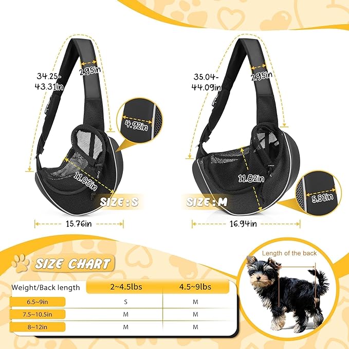 Detachable Hard Bottom Dog Sling for Small Dogs & Cats Up to 10 lbs- Upgraded Breathable Mesh, Adjustable Strap & Large Pocket - Hands-Free Pet Carrier for Travel Walking Hiking (Black Size M)